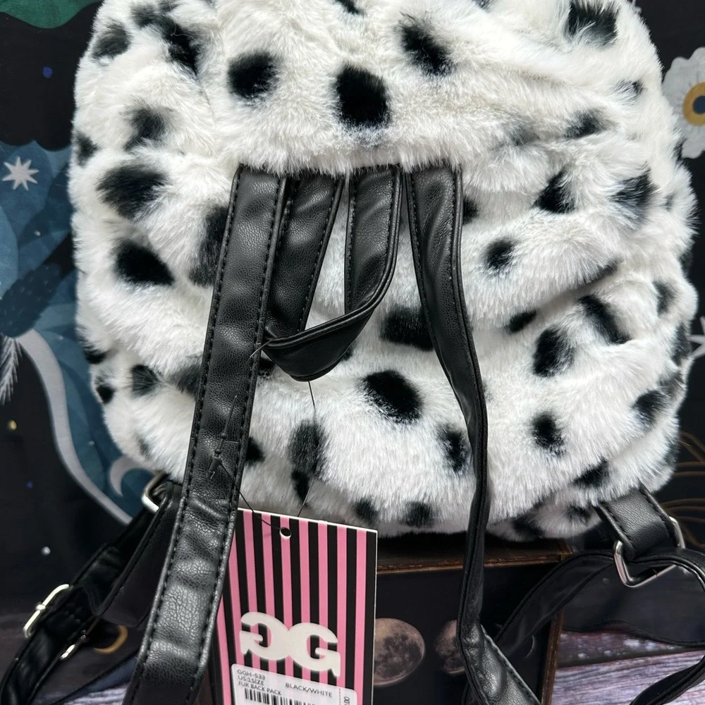 GILDA PARIS | Plush Fur Animal Print Spotted Mini Backpack with Charms NWT